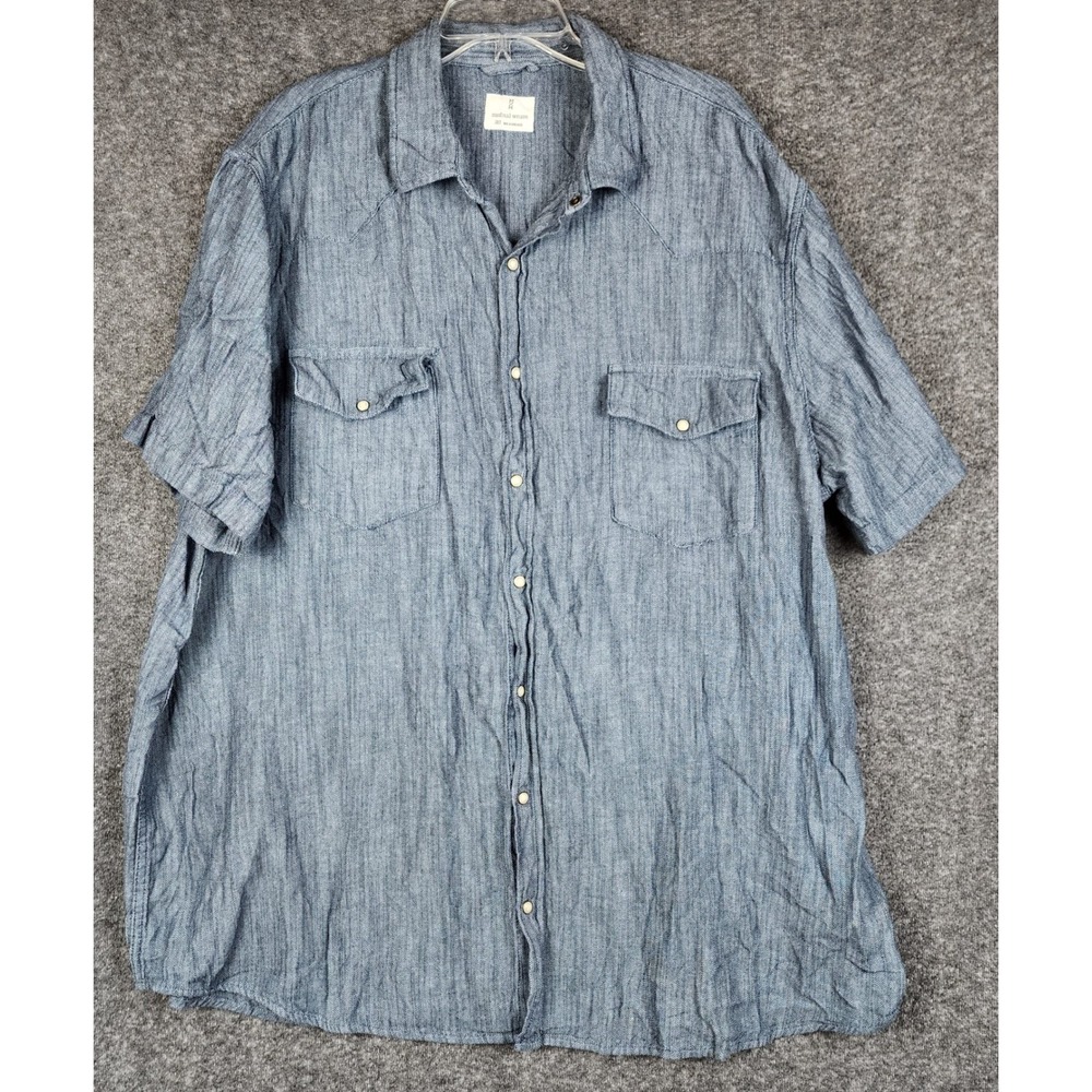 Mutual Weave Pearl Snap Shirt Mens 3XLT Blue Herringbone Western Short Sleeve